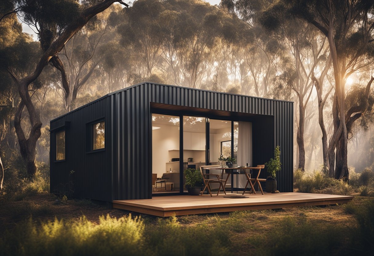 A small granny flat surrounded by bushland in Victoria, Australia, with strict bushfire safety regulations